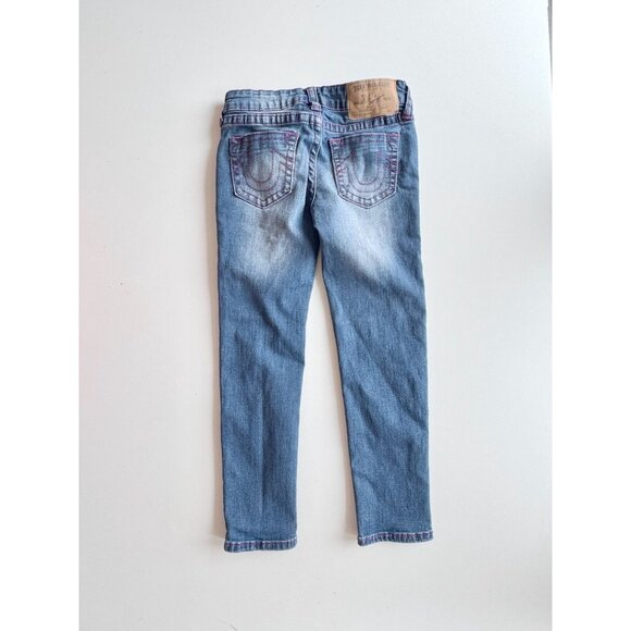 Girls' TRUE RELIGION Floral Patch Medium Dark Rinse Skinny Jeans, Size 6X - Picture 6 of 16